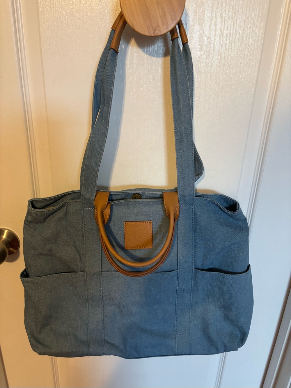Canvas Tote Bag with Brown Leather Trim - Blue